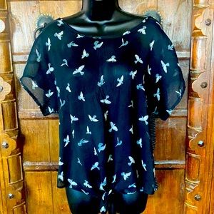 Living Doll Los Angeles Sz L Shirt Sheer Black w/birds on front, stripes on back